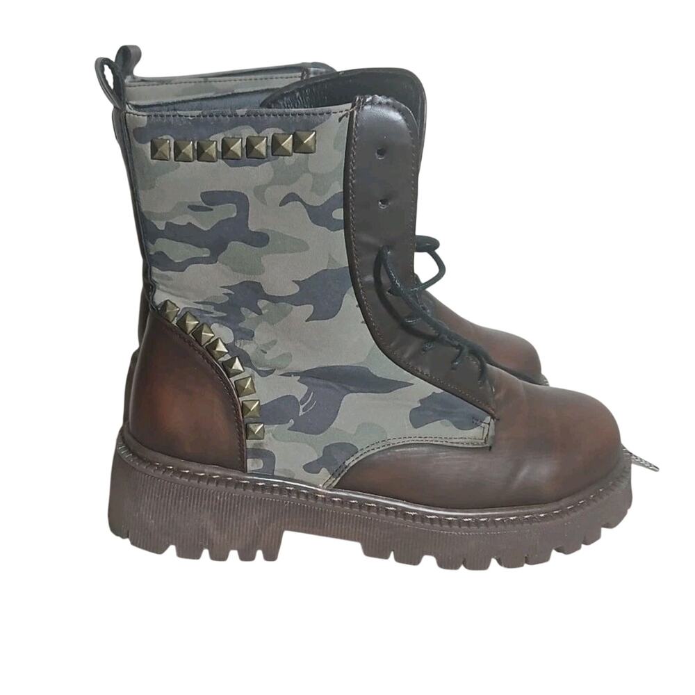 AMS Womens Dream Lace Up Ankle Combat Boots Green Brown Camo Studded Size 10
